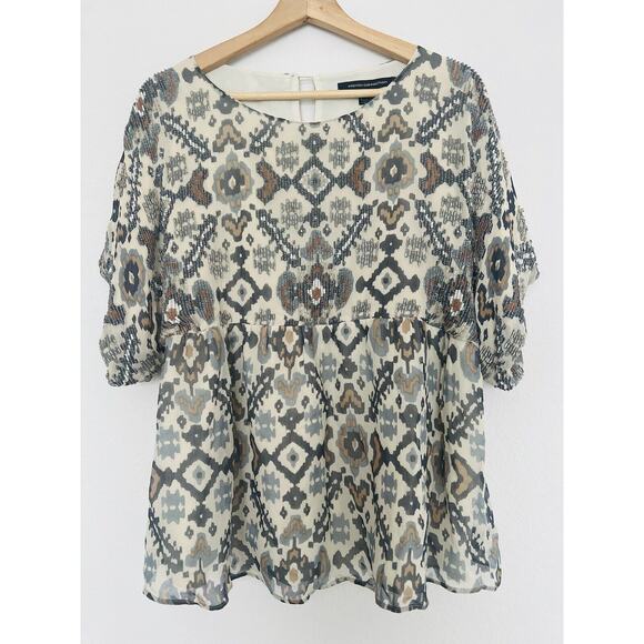 FRENCH CONNECTION Aztec Beaded Tunic Blouse Sz M Babydoll Western Top Boho - Picture 1 of 8